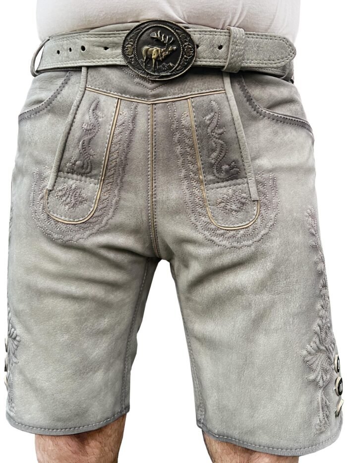 Lederhosen Herren Trachten Kürze Lederhose Antik Grau Lederhosen Mit Gürtel Gr.46 bis 58 - Image 3