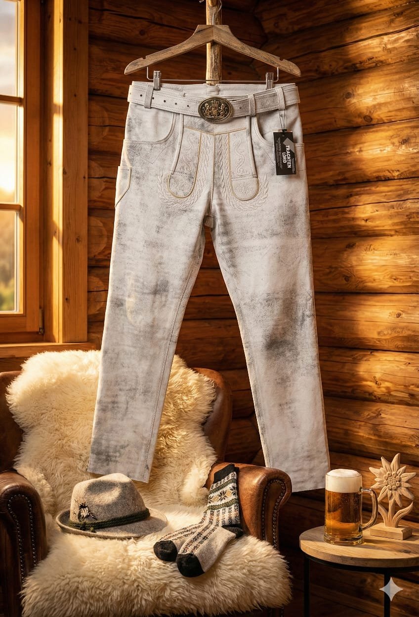 Unikat lange Lederhose Trachten Lederhose Wildbock Lederhosen für Männer mit Gürtel Größe 46-60 - Image 4